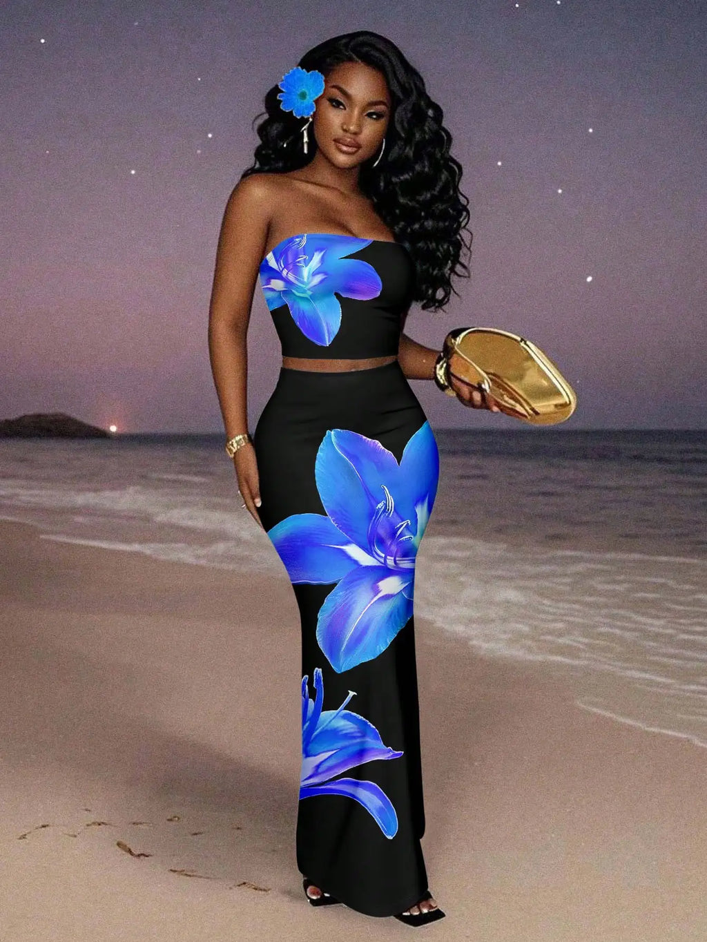 Women's Floral Print Strapless Crop Top & Maxi Skirt Set, Summer Beach Party Outfit