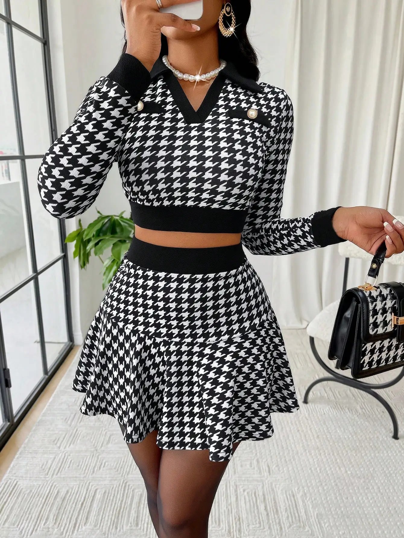 Women's Houndstooth Print V-Neck Long Sleeve Crop Top and Flared Mini Skirt 2-Piece Set