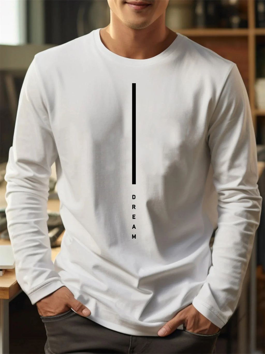 100% pure cotton men's long sleeved round neck loose casual DREAM letter printed spring and autumn versatile T-shirt top