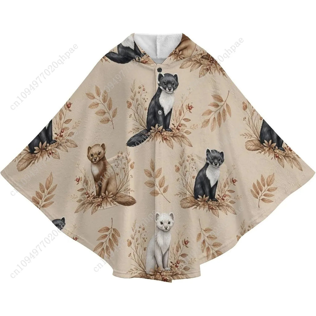 Cozy Flannel Blanket Sweater,Animals Leaves Pattern Oversized Hoodie With Pockets For Kids And Teenagers