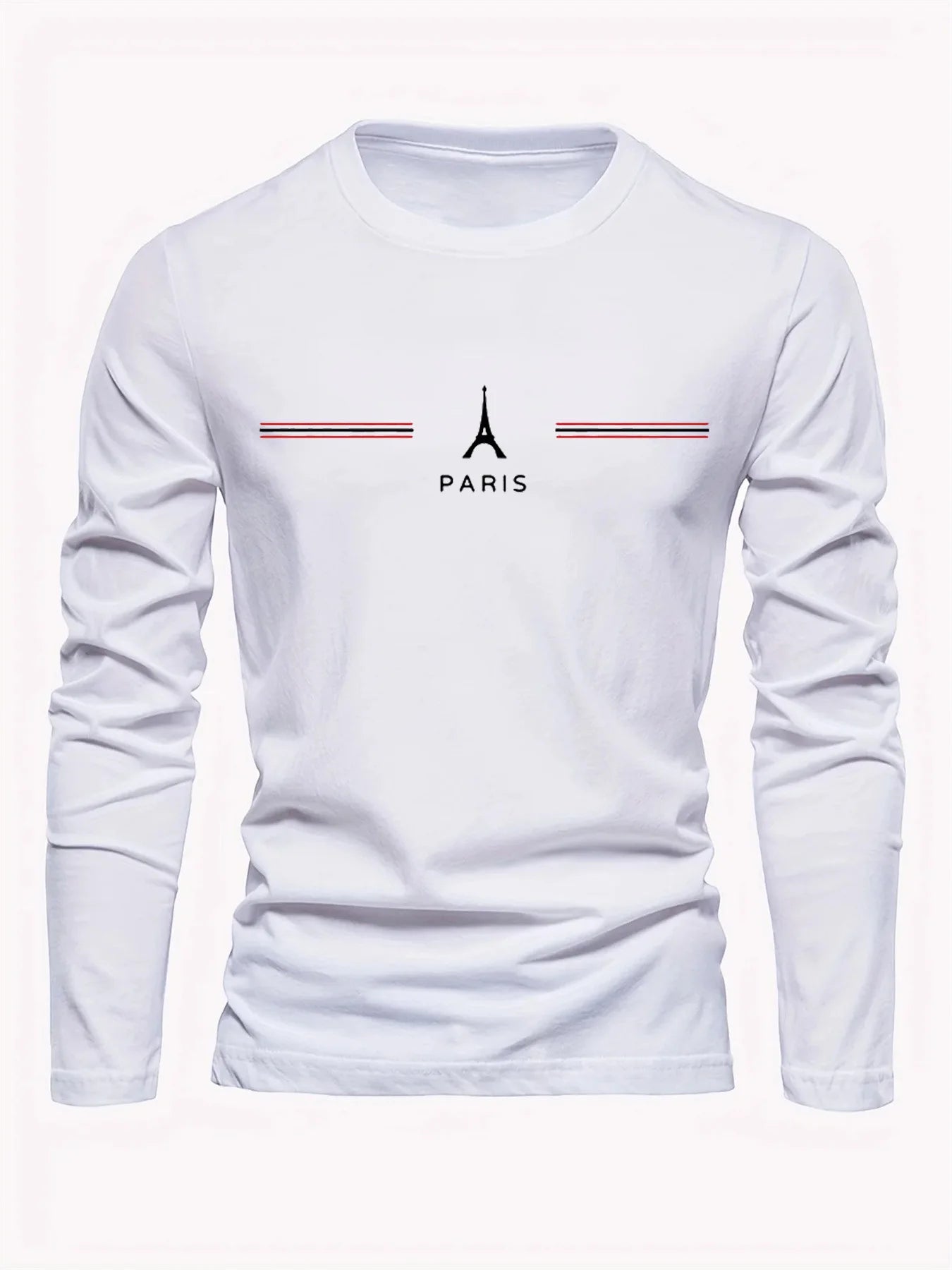 100% pure cotton men's long sleeved round neck loose casual Paris pattern print spring and autumn versatile T-shirt top