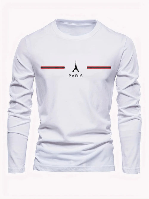 100% pure cotton men's long sleeved round neck loose casual Paris pattern print spring and autumn versatile T-shirt top