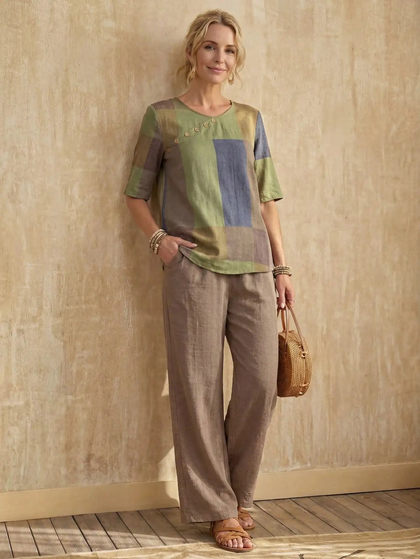 Women's Patchwork Colorblock Button-Front Top & Wide-Leg Pants Set
