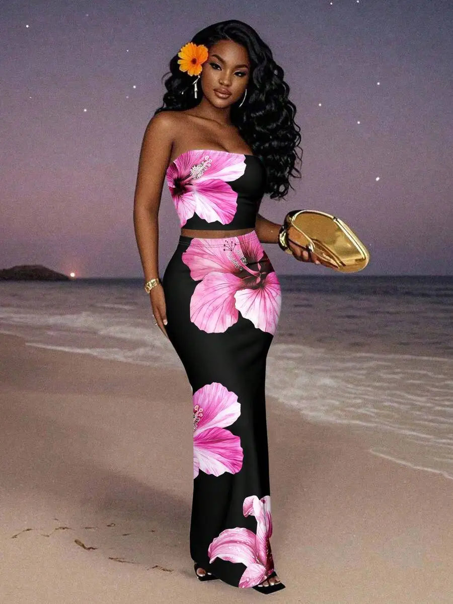 Women's Floral Print Strapless Crop Top & Maxi Skirt Set, Summer Beach Party Outfit