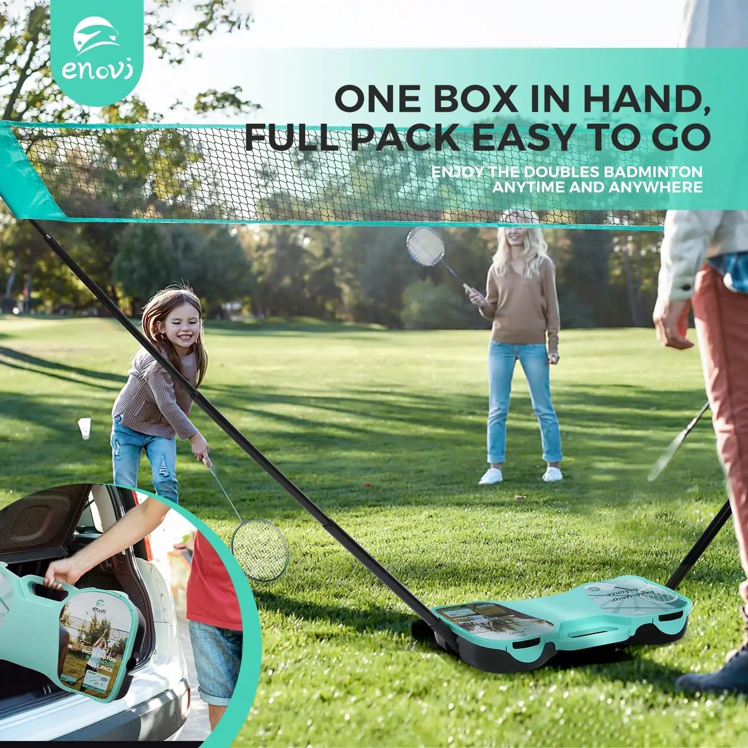 Portable Badminton Set with Net, 4 Rackets, Birdies & Storage Box for Outdoor Games