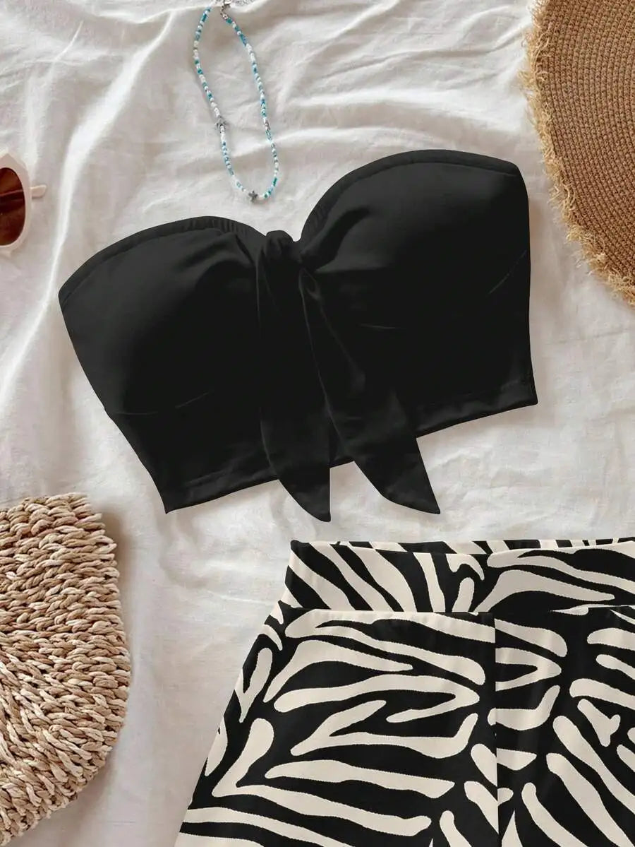 Women's Zebra Print Crop Top & Shorts Set, Black Bow Front, Summer Beach Casual Outfit