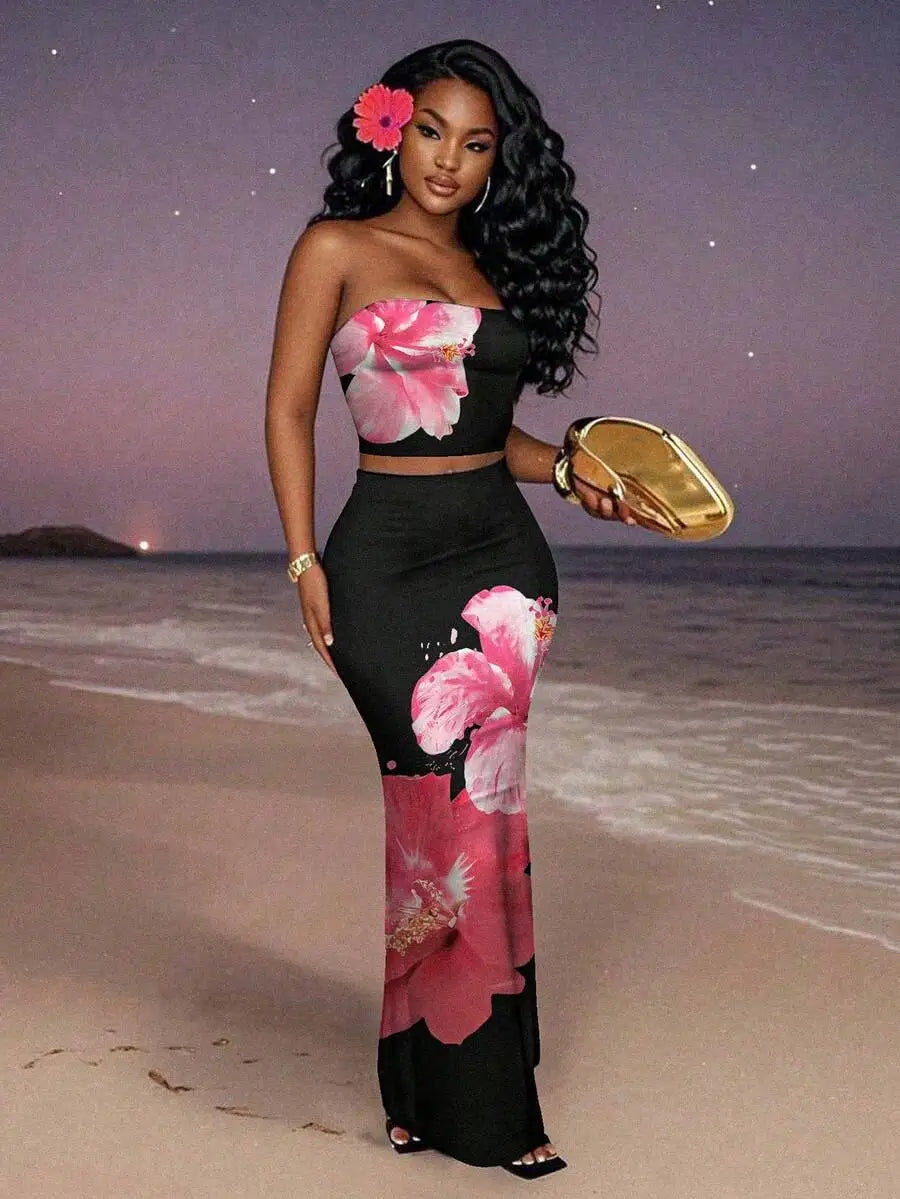 Women's Floral Print Strapless Crop Top & Maxi Skirt Set, Summer Beach Party Outfit