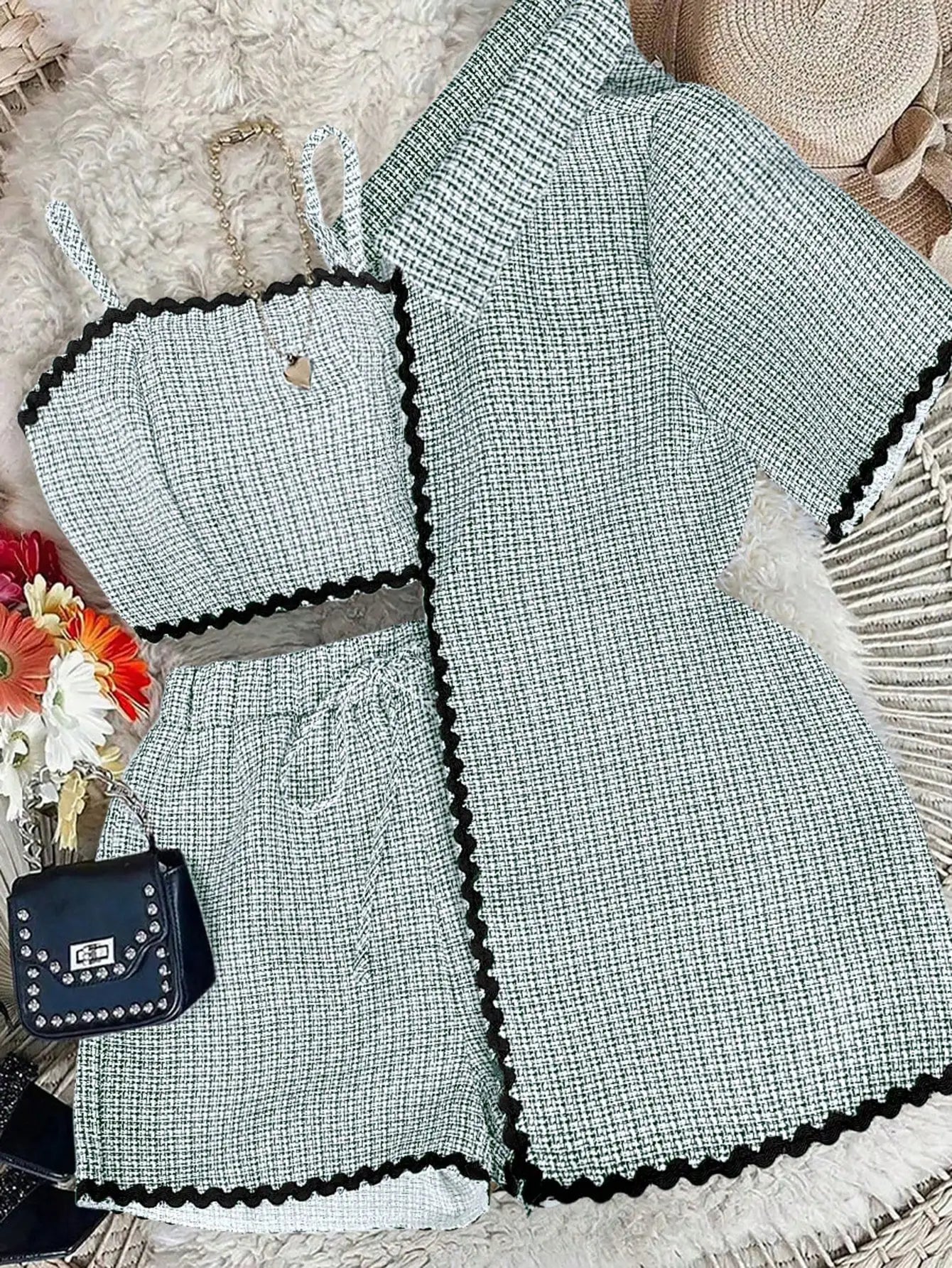3-Piece Women's Set: Wavy Trim Cardigan, Cropped Cami & Shorts for Casual School or Commute