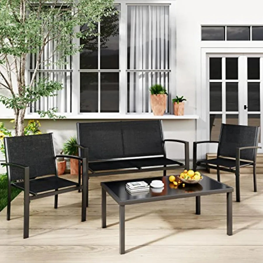 Greesum 4 Pieces Patio Furniture Set Outdoor Conversation Sets for Patio Lawn Garden Poolside with A Glass Coffee Table Black