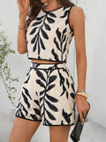 Women's Leaf Print Sleeveless Crop Top & High-Waist Shorts Set