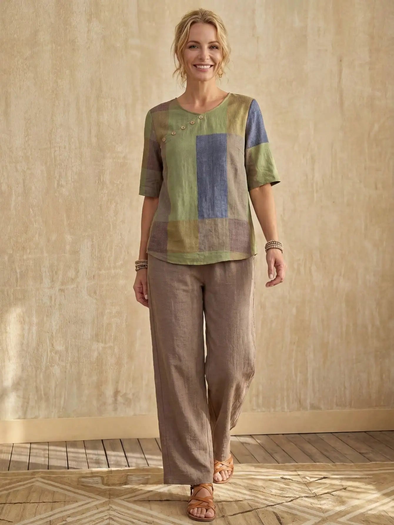 Women's Patchwork Colorblock Button-Front Top & Wide-Leg Pants Set
