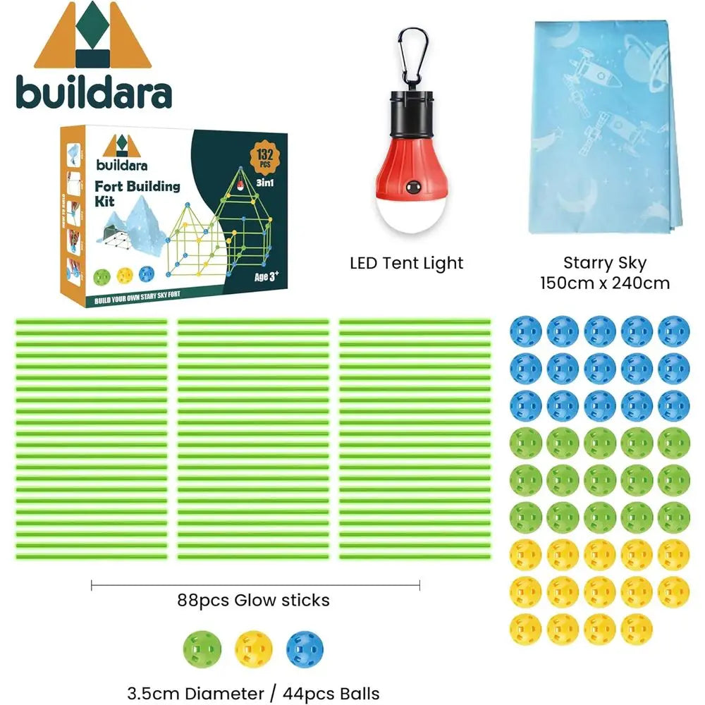 ort Building Kit or Kids -132 PCS- Glow-in-The-k STEM Tent or Kids with Starry Sheet & Light - Indoor and Outdoor Building Toy o