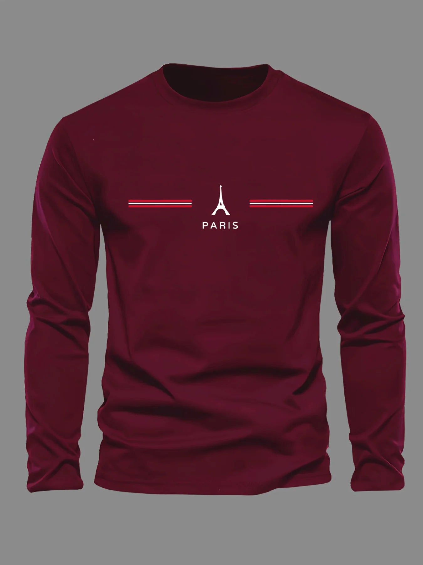 100% pure cotton men's long sleeved round neck loose casual Paris pattern print spring and autumn versatile T-shirt top