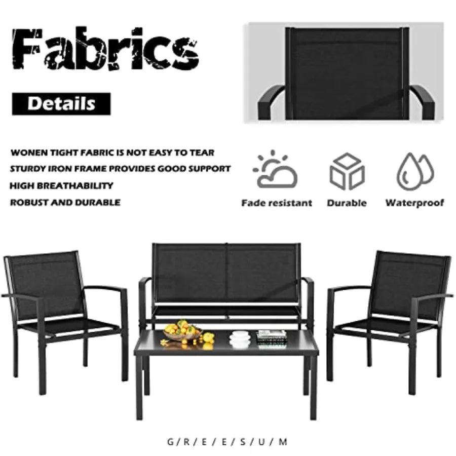 Greesum 4 Pieces Patio Furniture Set Outdoor Conversation Sets for Patio Lawn Garden Poolside with A Glass Coffee Table Black