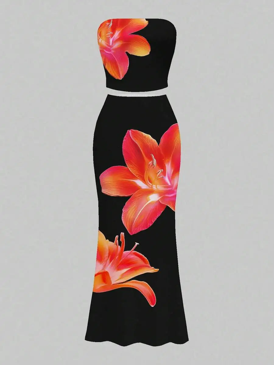 Women's Floral Print Strapless Crop Top & Maxi Skirt Set, Summer Beach Party Outfit
