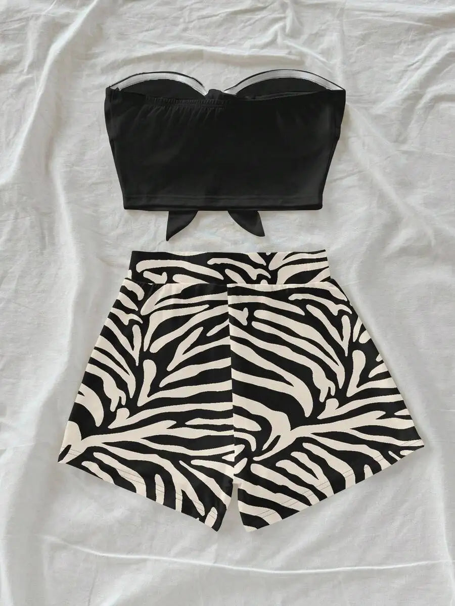 Women's Zebra Print Crop Top & Shorts Set, Black Bow Front, Summer Beach Casual Outfit