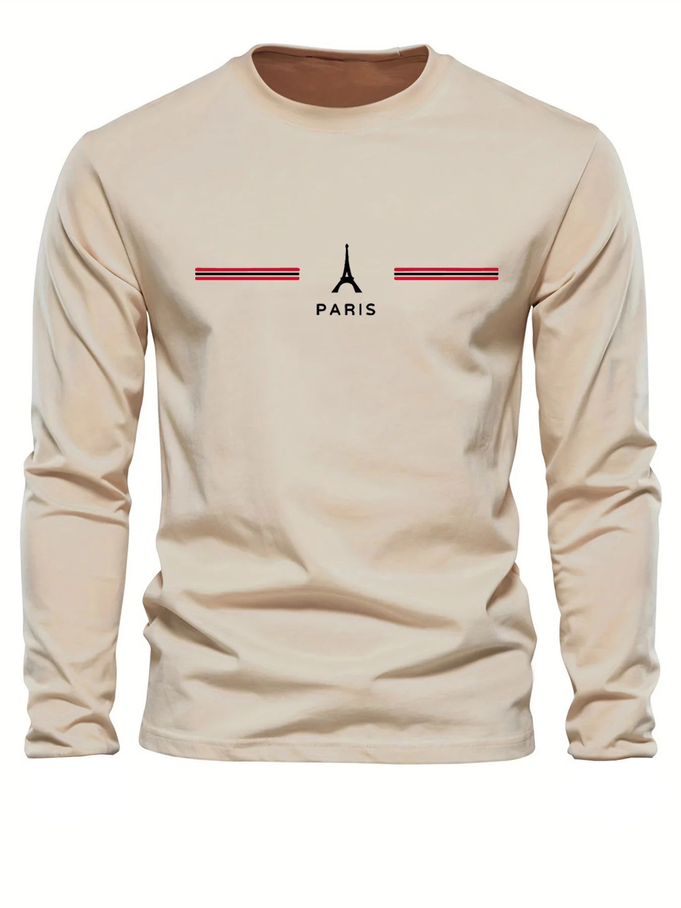 100% pure cotton men's long sleeved round neck loose casual Paris pattern print spring and autumn versatile T-shirt top