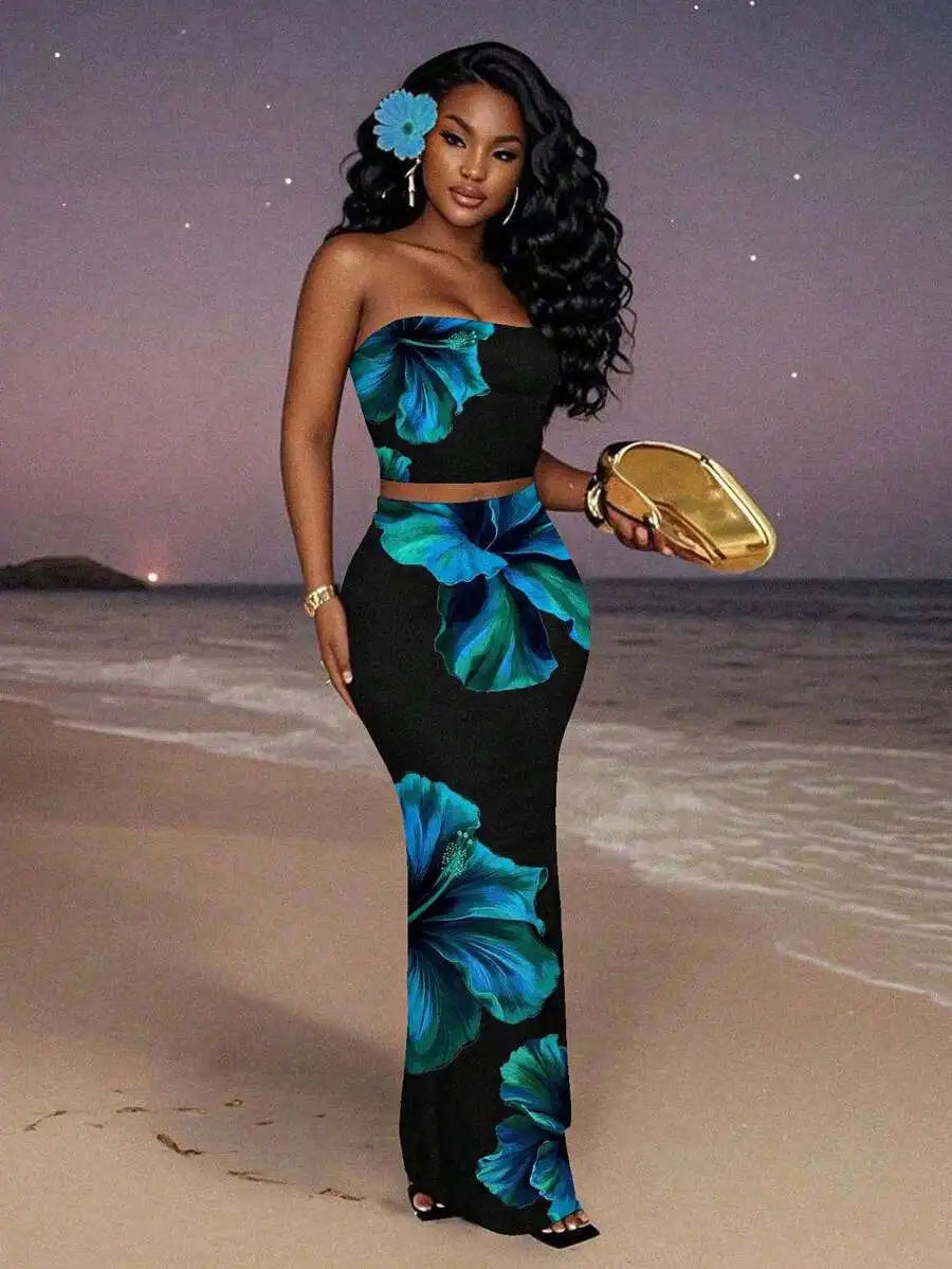Women's Floral Print Strapless Crop Top & Maxi Skirt Set, Summer Beach Party Outfit
