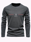 100% pure cotton men's long sleeved round neck loose casual Paris pattern print spring and autumn versatile T-shirt top